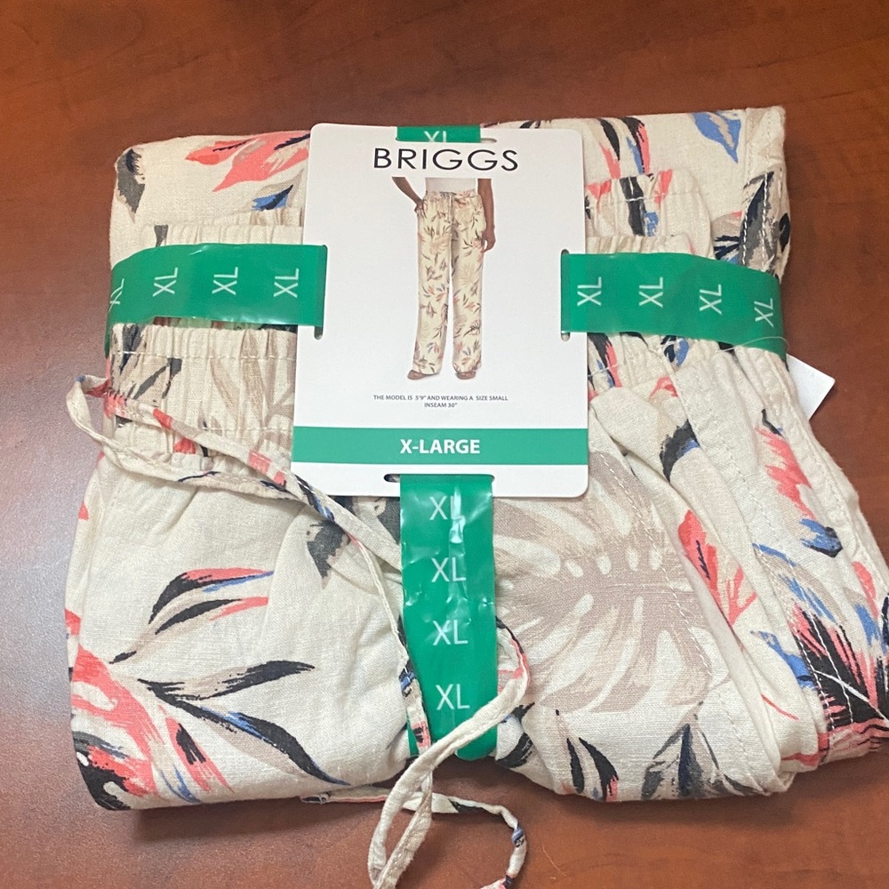 Briggs Ladies Linen Blend Pull-On Pants Sz: Large  Tan Floral (discount price) - Picture 4 of 9